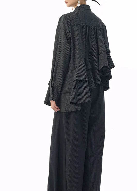 Asymmetrical Ruffle Pinstripe Shirt-SimpleModerne