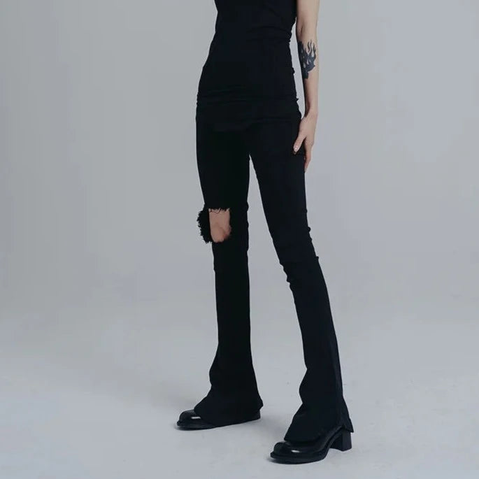 Distressed Black Flare Jeans with Knee Rip Detail-SimpleModerne