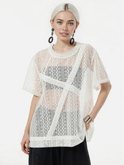 Sheer Lace Overlay Top – Short Sleeve, Relaxed Fit, Statement Layering Piece-SimpleModerne