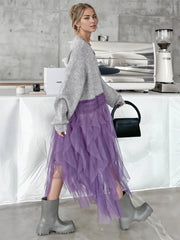 Chunky Oversized Gray Cardigan with Chic Purple Tulle Overlay – Gothic-Inspired Design-SimpleModerne