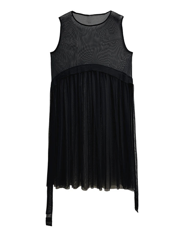 Sheer Layered Overlay Dress – Minimal Goth Sleeveless Tulle Dress in Black