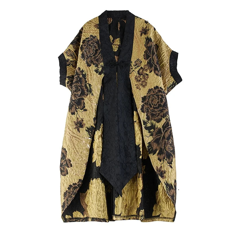 Golden Hour Crinkled Floral Cape Kimono – Dramatic Vintage Glamour-SimpleModerne