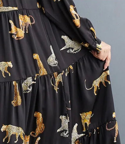 Tiered A-Line Maxi Dress with Jungle Cat Print-SimpleModerne
