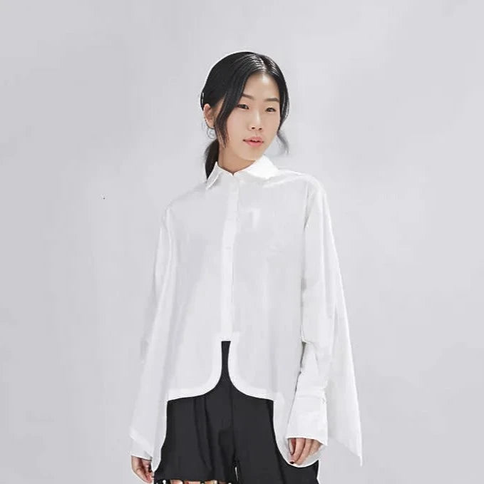 Asymmetrical Hem White Blouse with Unique Cut-SimpleModerne