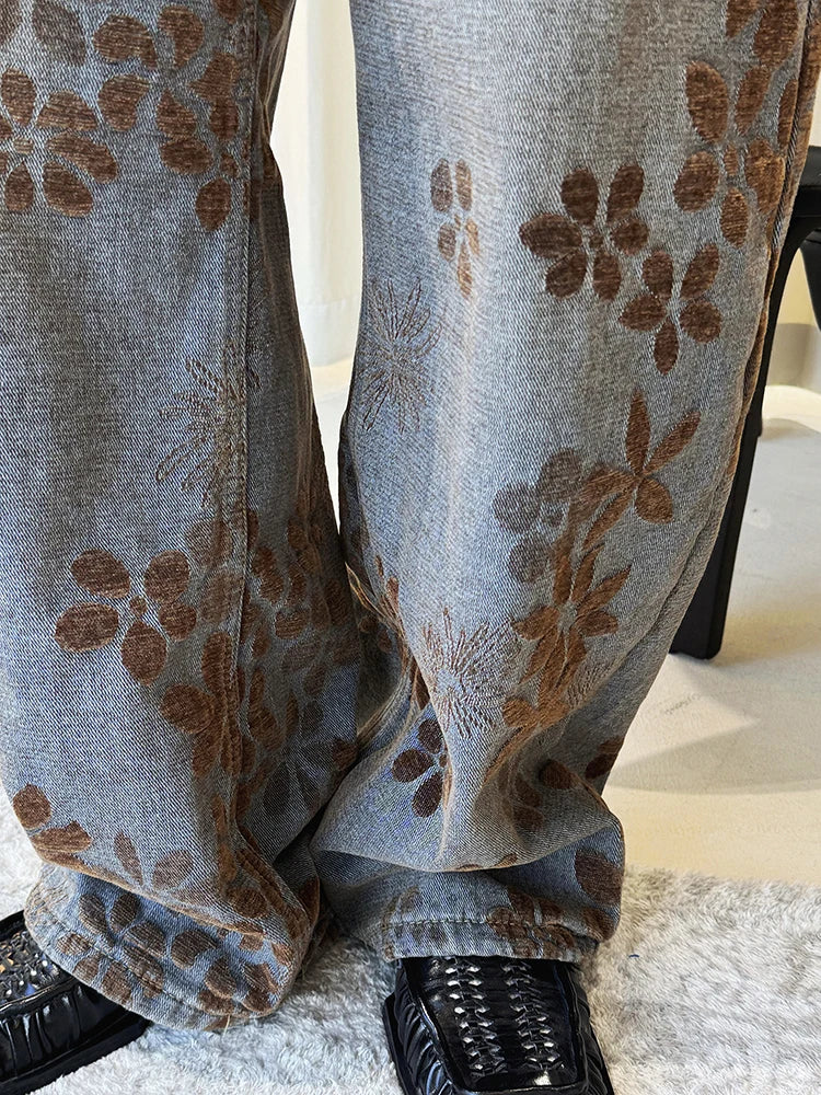 Floral Flock Wide-Leg Denim Jeans – Washed Blue-SimpleModerne