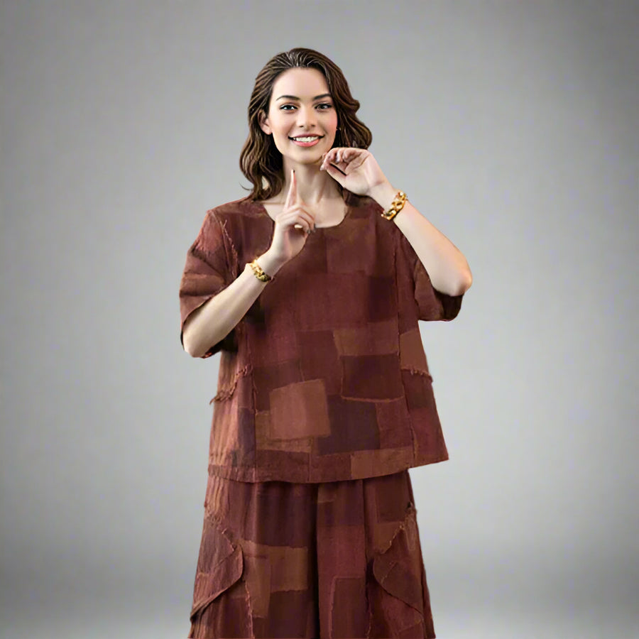 Patchwork Burnt Brick Two-Piece Set (Top & Pants)-SimpleModerne
