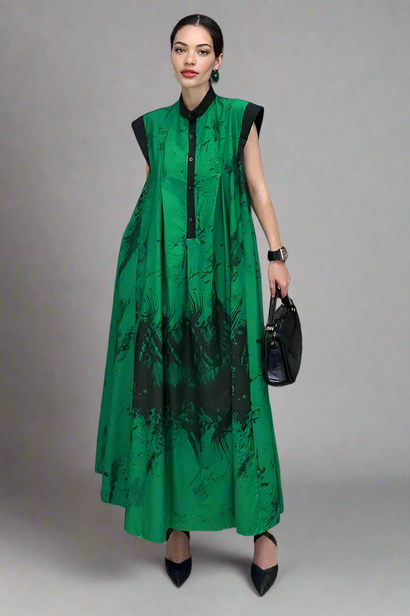 Green Tie-Dye Sleeveless Maxi Dress-SimpleModerne