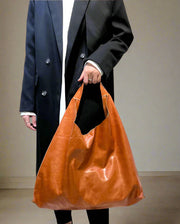 Oversized Vintage Cowhide Shopper – Handmade Leather Tote with Canvas Pouch (Cognac Brown)-SimpleModerne