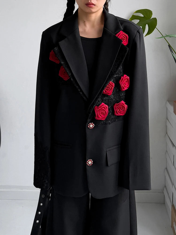Rose Appliqué Blazer – Gothic Tailoring Statement-SimpleModerne