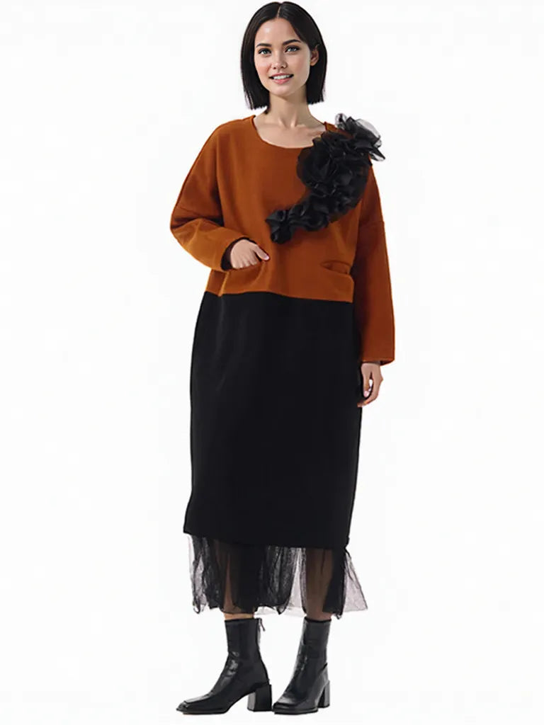 Two-Tone Midi Dress with Ruffled Chiffon Detail – Rust & Black-SimpleModerne