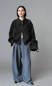Sculpted Drape Wide-Leg Trousers – Gray or Wine Red-SimpleModerne