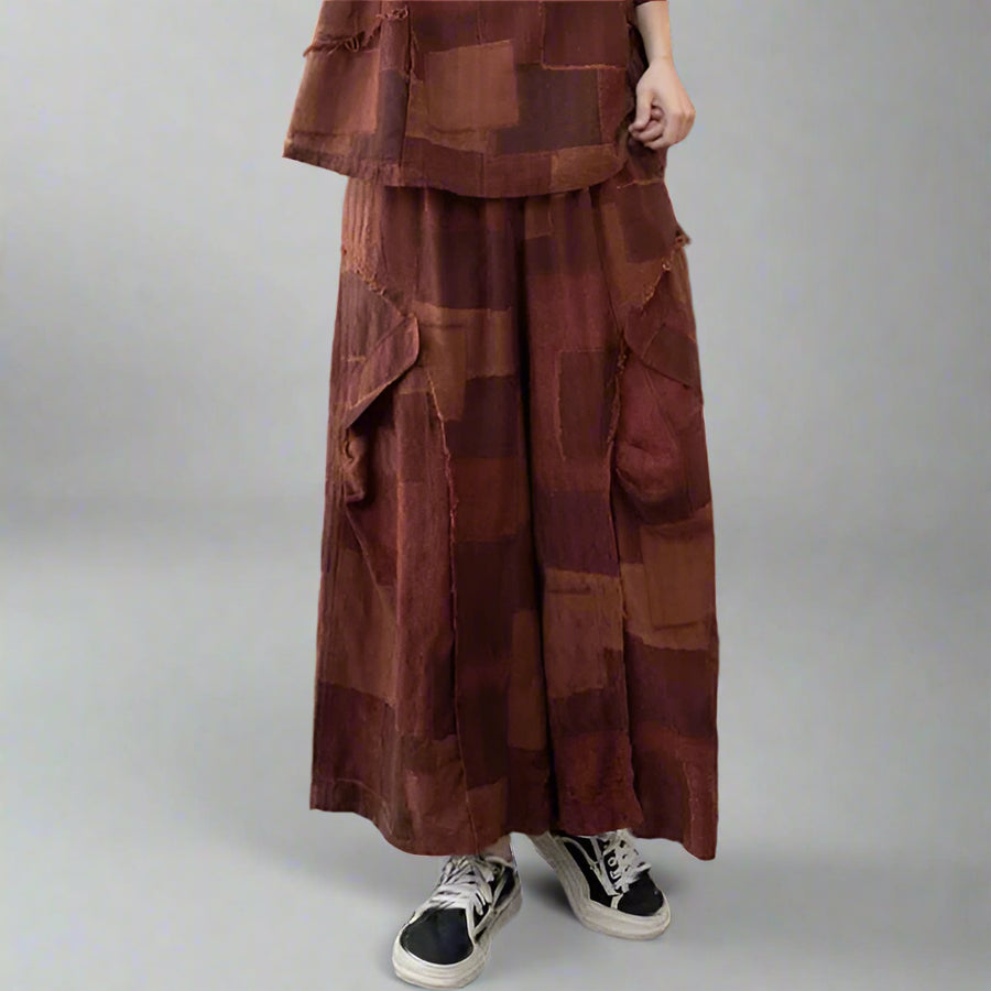 Patchwork Burnt Brick Two-Piece Set (Top & Pants)-SimpleModerne
