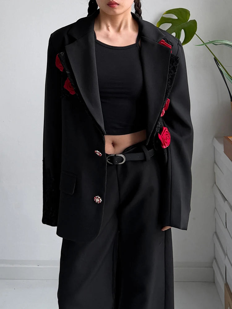 Rose Appliqué Blazer – Gothic Tailoring Statement-SimpleModerne