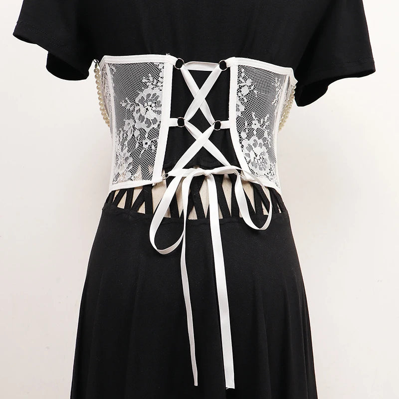 Pearl Lace Corset White Belt-SimpleModerne