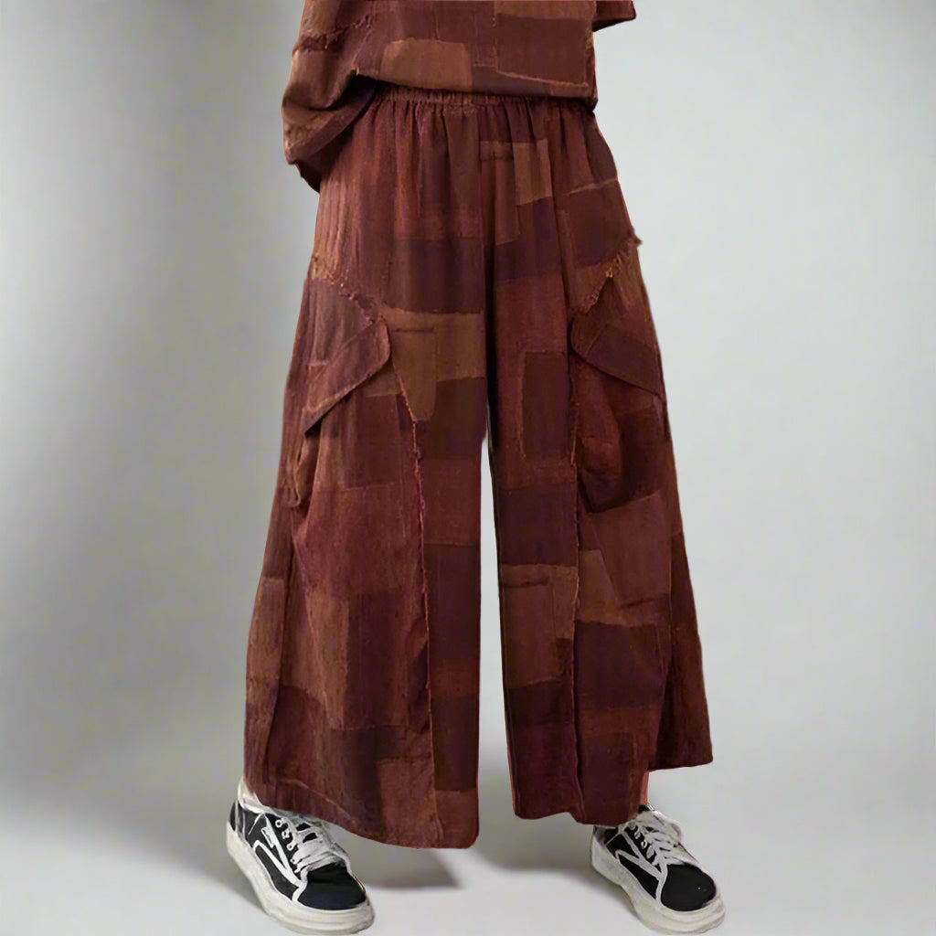 Patchwork Burnt Brick Two-Piece Set (Top & Pants)-SimpleModerne