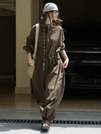 Industrial Wide-Leg Jumpsuit with Adjustable Waist - Coffee-SimpleModerne