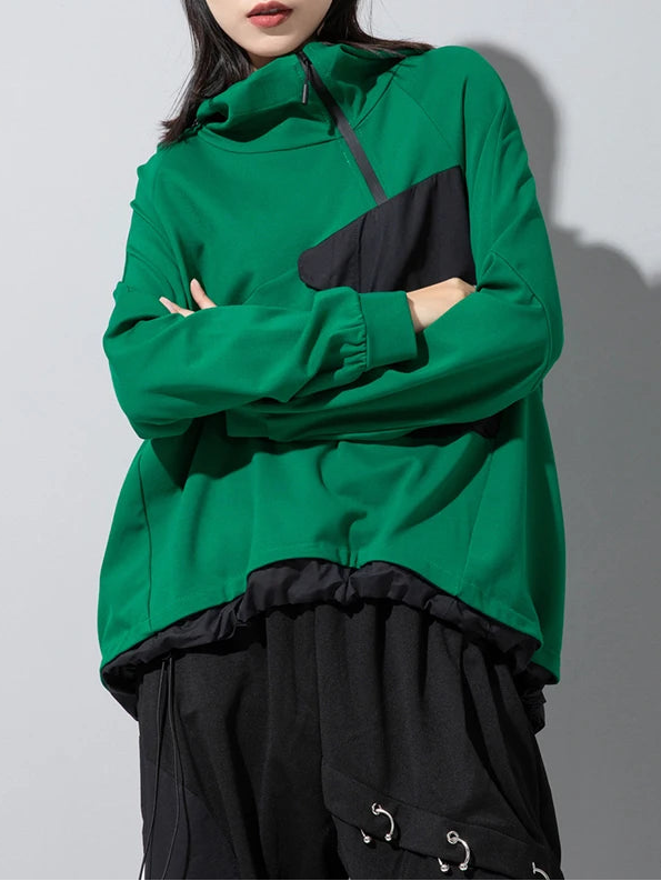 Asymmetric Pocket Hoodie — Green / Black-SimpleModerne