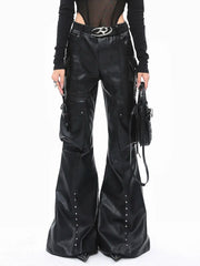 Casual Minimal Goth Eco Leather Trousers with Rivets-SimpleModerne