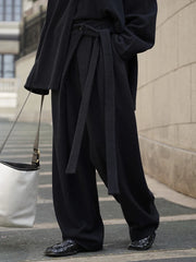 Asymmetrical Draped Black Trousers – Wide-Leg Knit Pants with Belted Detail