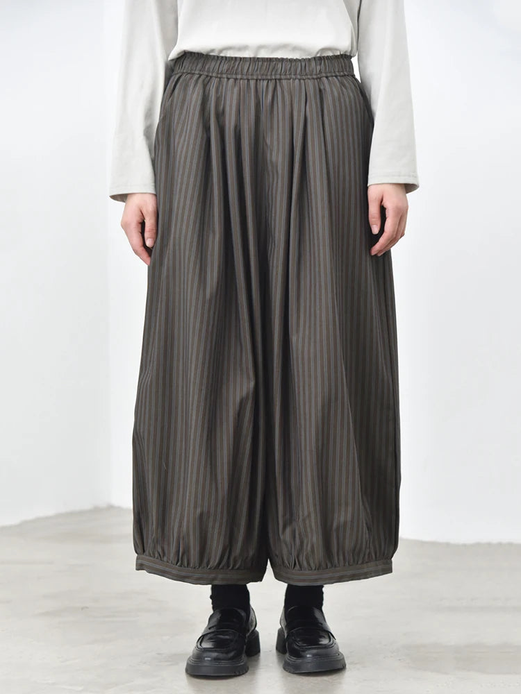 Olive Pinstripe Balloon Trousers | Relaxed Wide Leg