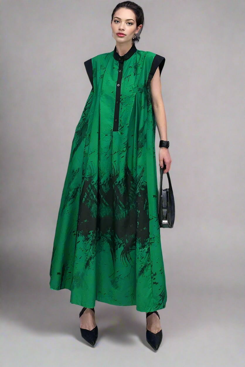 Green Tie-Dye Sleeveless Maxi Dress-SimpleModerne