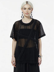 Sheer Lace Overlay Top – Short Sleeve, Relaxed Fit, Statement Layering Piece-SimpleModerne