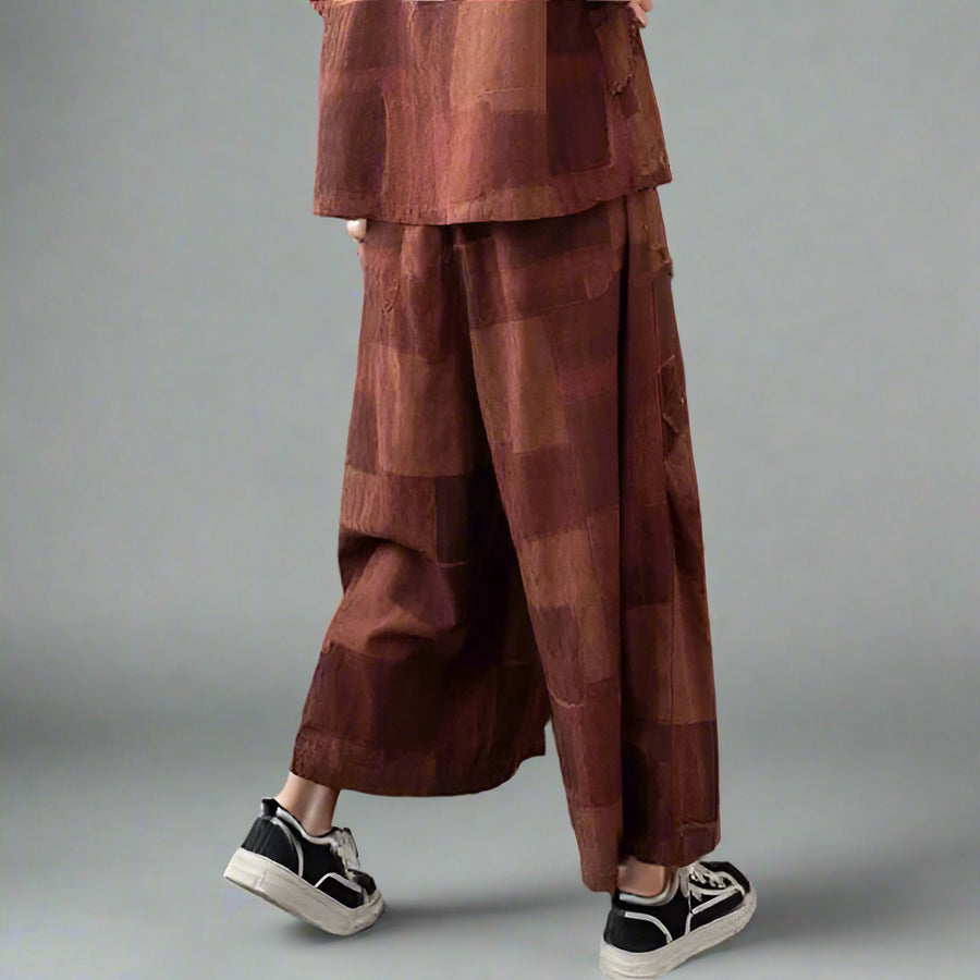 Patchwork Burnt Brick Two-Piece Set (Top & Pants)-SimpleModerne