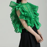 Casual Minimal Goth Ruffled Green Shirt-SimpleModerne