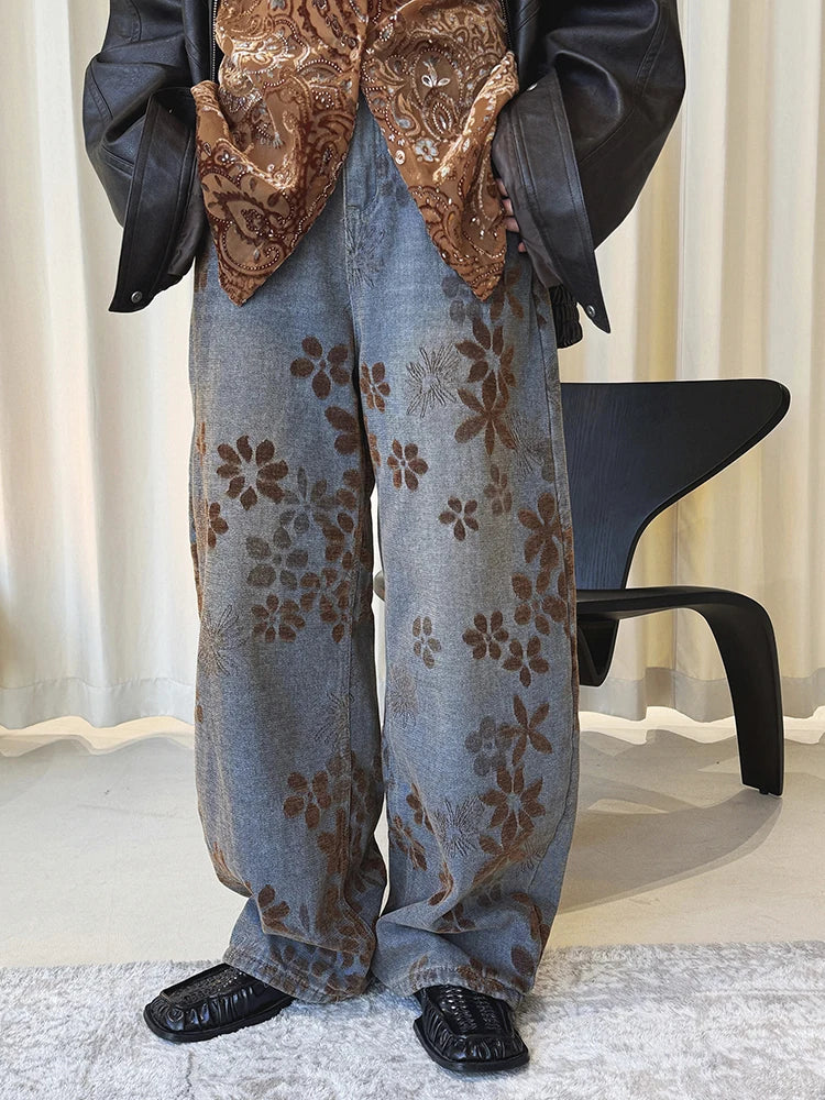 Floral Flock Wide-Leg Denim Jeans – Washed Blue-SimpleModerne