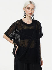 Sheer Lace Overlay Top – Short Sleeve, Relaxed Fit, Statement Layering Piece-SimpleModerne