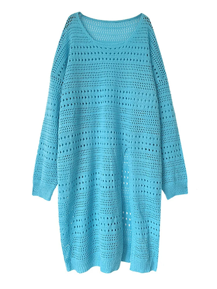 Open-Knit Mid-Calf Pullover Dress-SimpleModerne