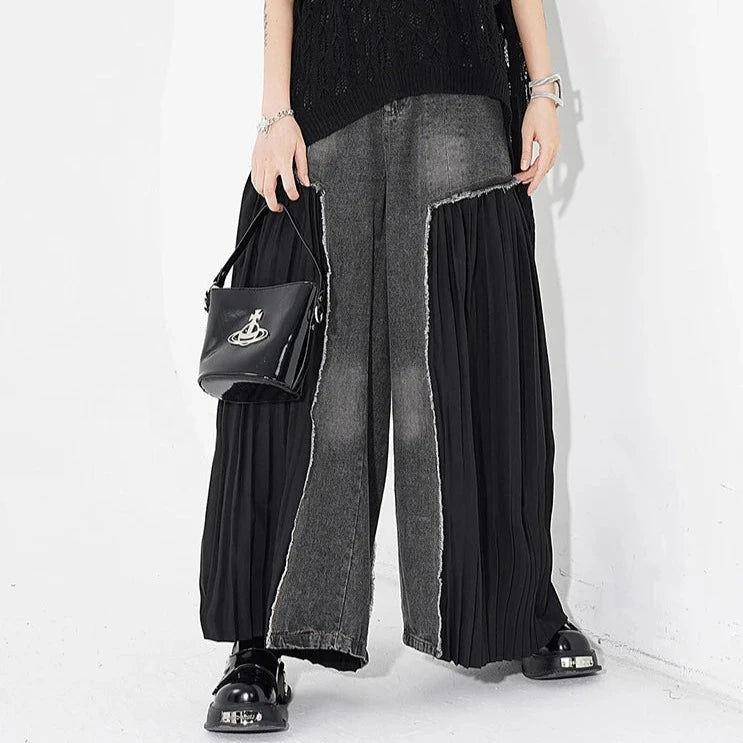 Casual Minimal Goth Black Denim with Pleated Inserts-SimpleModerne