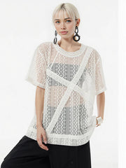 Sheer Lace Overlay Top – Short Sleeve, Relaxed Fit, Statement Layering Piece-SimpleModerne