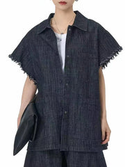 Oversized Frayed Sleeve Denim Shirt – Edgy Vintage Layer-SimpleModerne