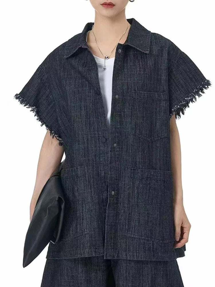 Oversized Frayed Sleeve Denim Shirt – Edgy Vintage Layer-SimpleModerne