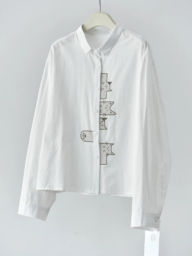 Playful Cat Print Shirt Blouse