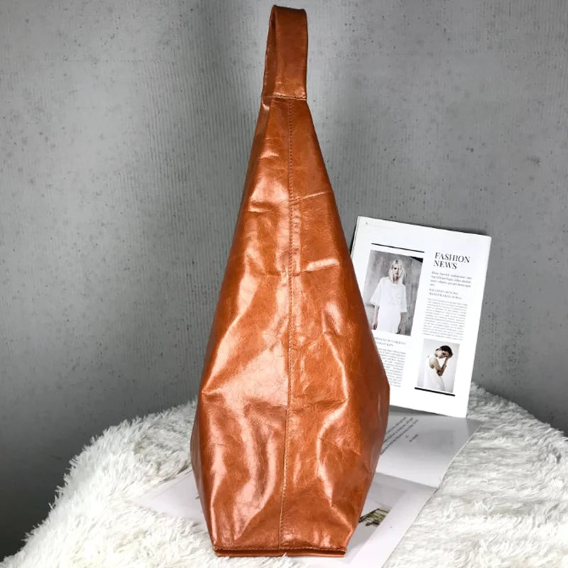 Oversized Vintage Cowhide Shopper – Handmade Leather Tote with Canvas Pouch (Cognac Brown)-SimpleModerne