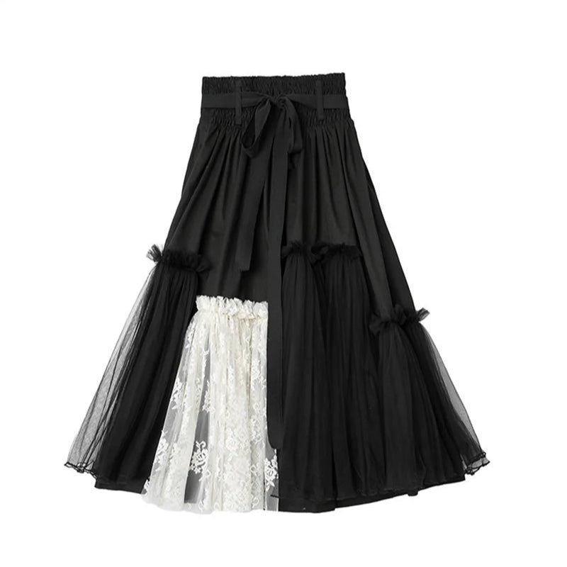 Gothic High-Waisted Tulle & Lace Skirt with Belted Waist – Casual Minimal Goth Collection-SimpleModerne