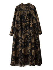 Loose Fit Black Shirt Dress with Abstract Brown Floral Print-SimpleModerne