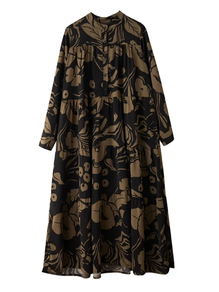 Loose Fit Black Shirt Dress with Abstract Brown Floral Print-SimpleModerne