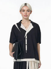 Black & Cream Contrast Button-Up Blouse – Patchwork Trim with Raw Edges-SimpleModerne