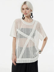 Sheer Lace Overlay Top – Short Sleeve, Relaxed Fit, Statement Layering Piece-SimpleModerne