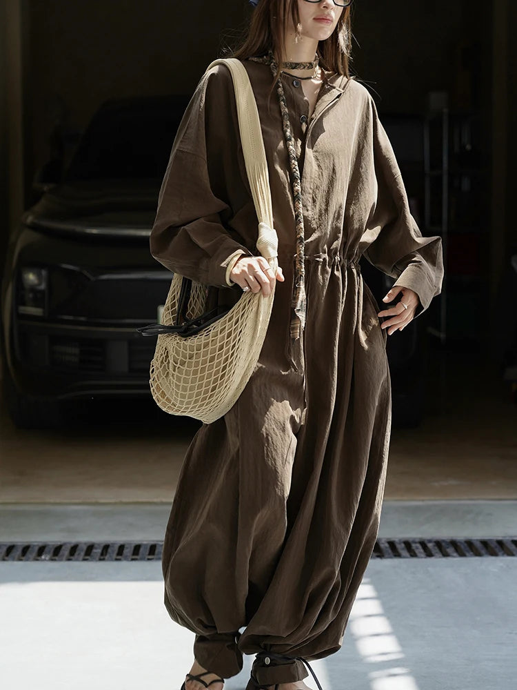 Industrial Wide-Leg Jumpsuit with Adjustable Waist - Coffee-SimpleModerne
