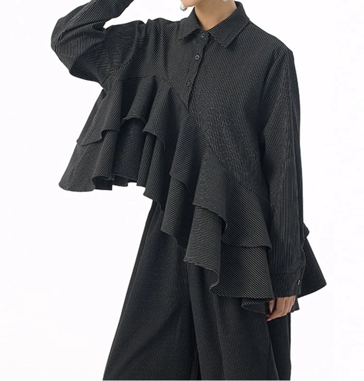 Asymmetrical Ruffle Pinstripe Shirt-SimpleModerne