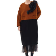 Two-Tone Midi Dress with Ruffled Chiffon Detail – Rust & Black-SimpleModerne