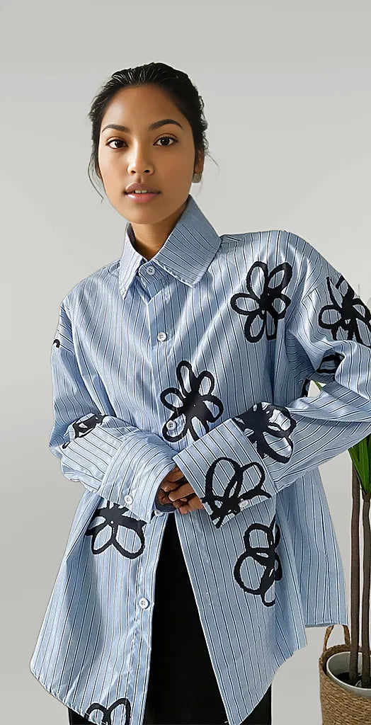 Jazz Up Blue Shirt with Flower Print-SimpleModerne