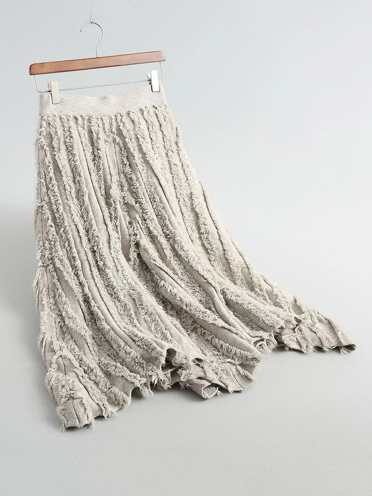 Textured Raw Edge Skirt – Sand Beige-SimpleModerne