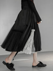 Gothic High-Waisted Tulle & Lace Skirt with Belted Waist – Casual Minimal Goth Collection-SimpleModerne