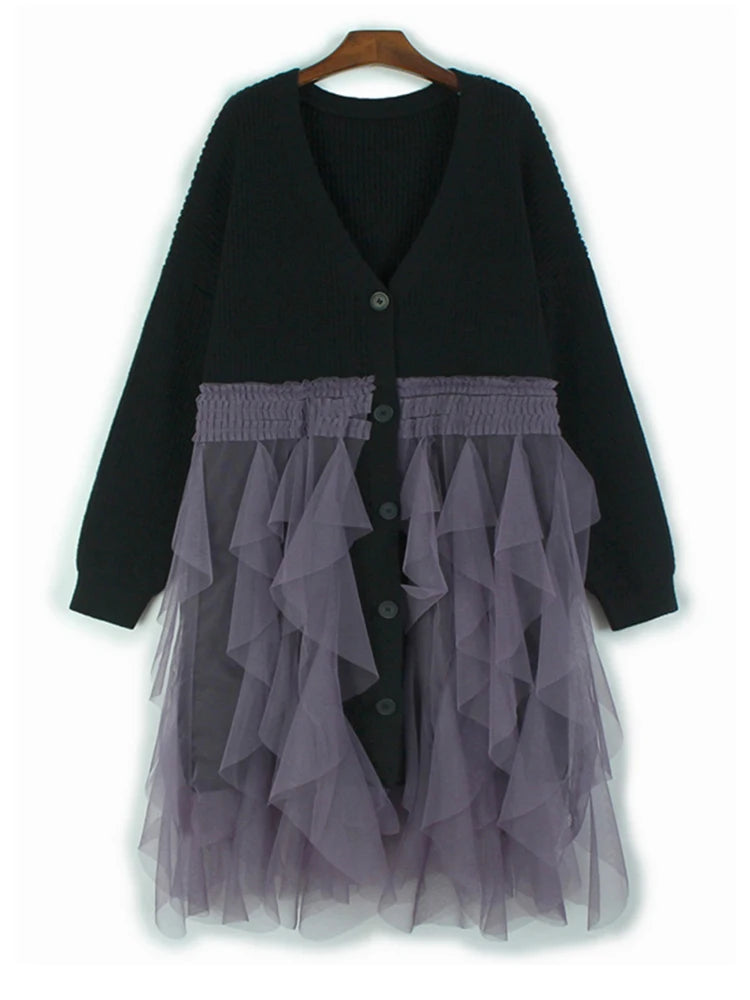 Oversized Black Cardigan with Purple Lace Overlay – Gothic Tulle Design-SimpleModerne