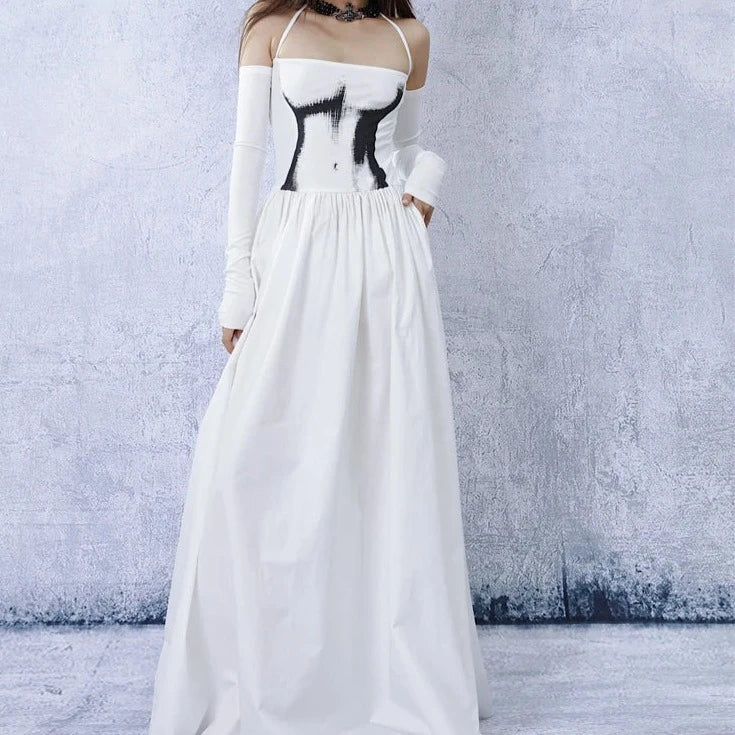 Casual Minimal Goth Maxi White Dress-SimpleModerne